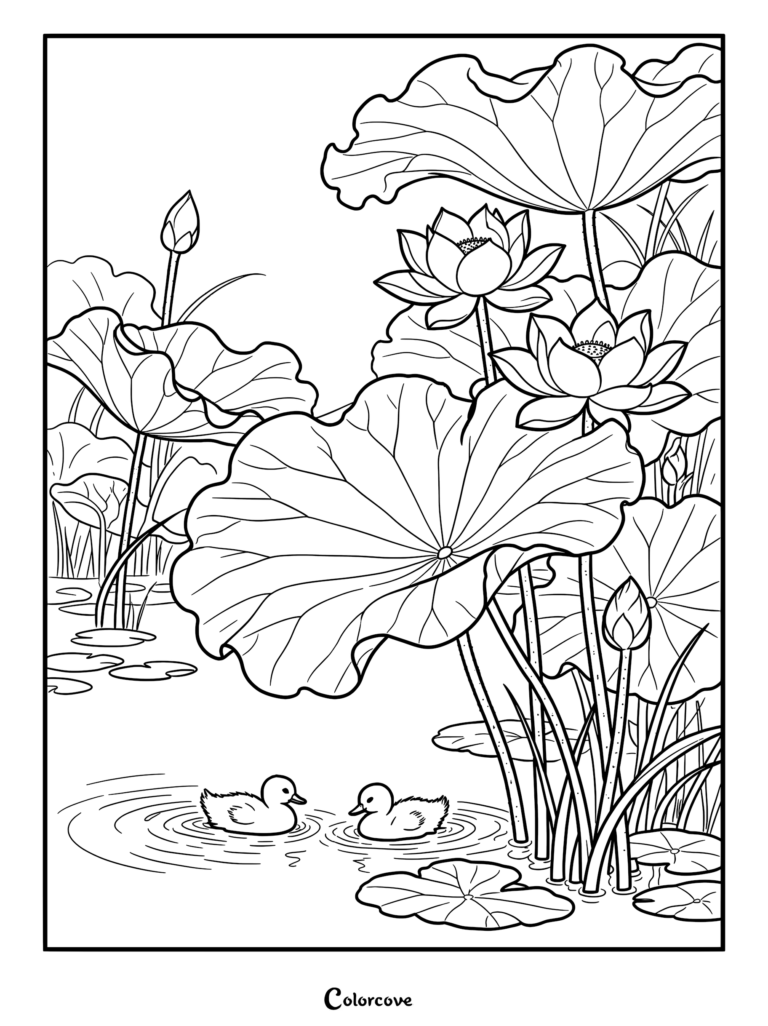 Two small ducklings swimming in a pond near blooming lotus flowers and large lily pads in this printable coloring page.
