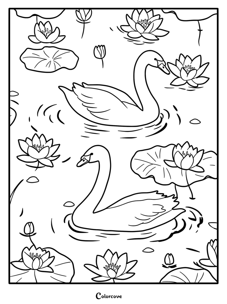 Two elegant swans swimming in a pond surrounded by blooming lotus flowers and lily pads in this printable coloring page.