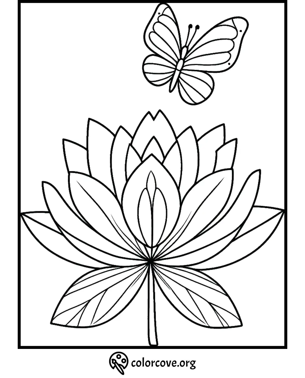 Lotus flower coloring page with butterfly above, simple design for stress relief and mindfulness coloring activities.