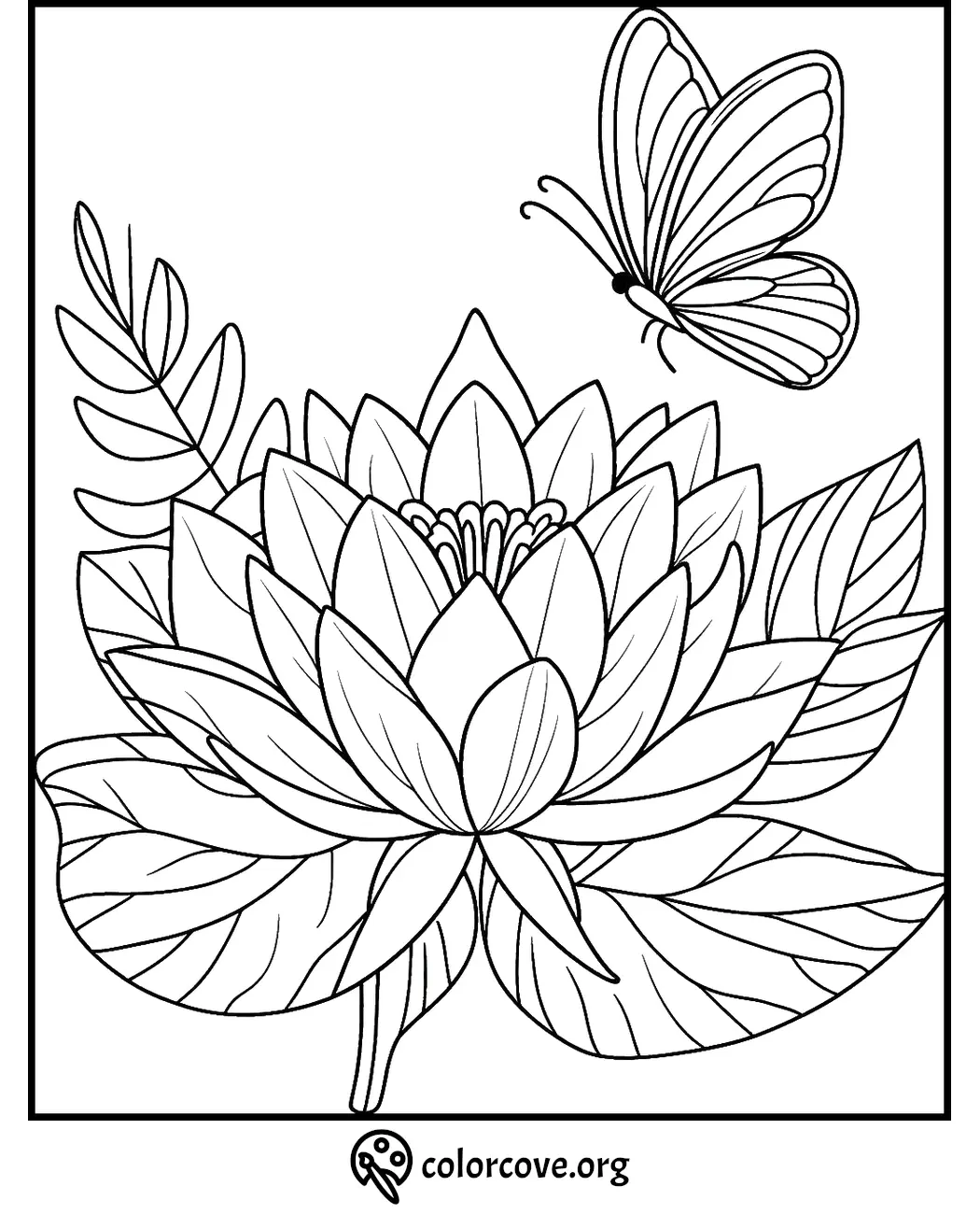 Coloring page with a detailed lotus flower and butterfly design for stress relief and creativity.