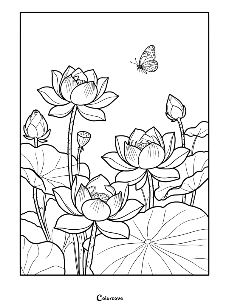 A detailed coloring page featuring three blooming lotus flowers, two closed buds, and a butterfly flying above large lily pads.