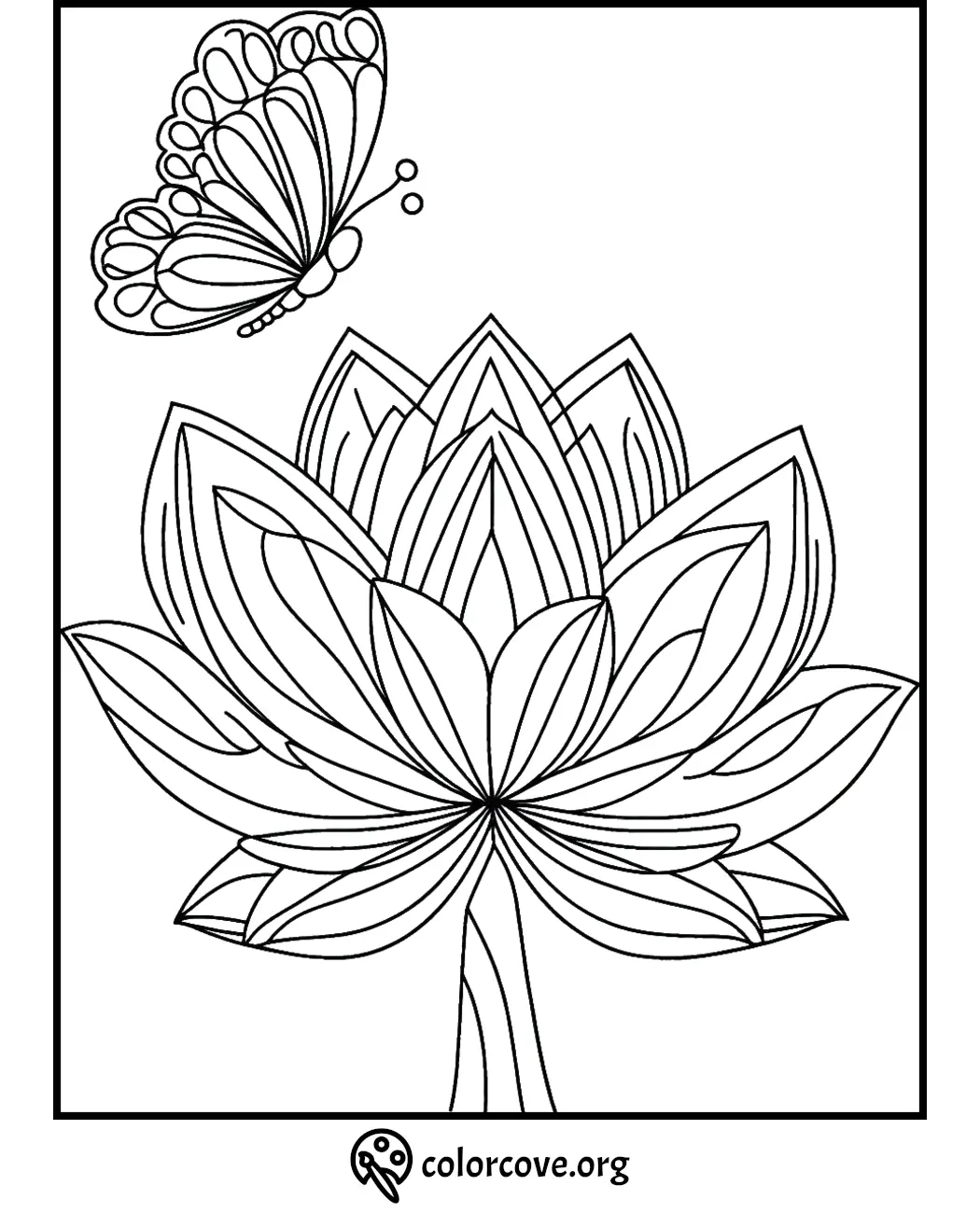 Lotus flower and butterfly coloring page, intricate design for stress relief and creativity.