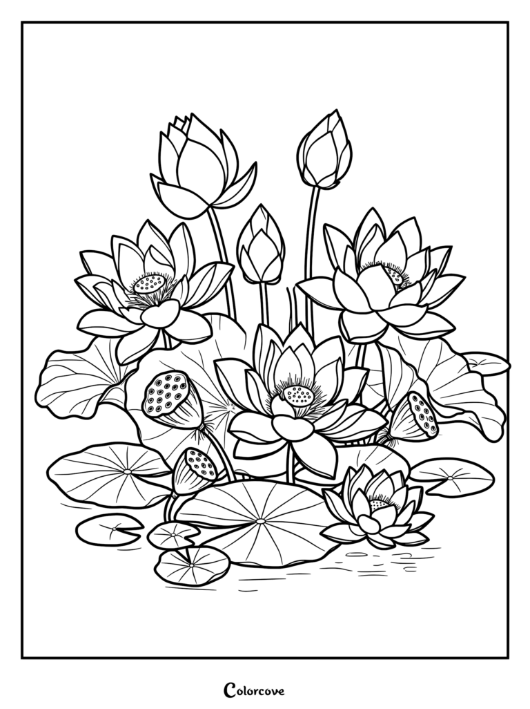 A detailed coloring page featuring multiple blooming lotus flowers, closed buds, and seed pods surrounded by large lily pads in a pond.
