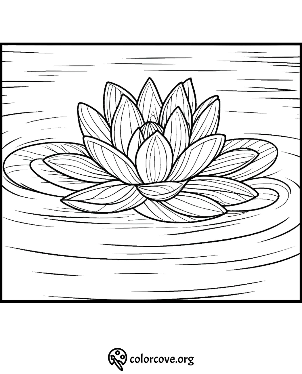 Coloring page with intricate lotus flower design on water surface. Perfect for relaxation and creativity.