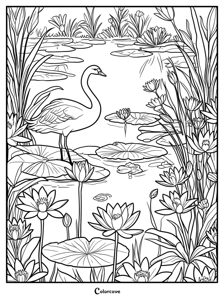 A graceful swan standing on a lily pad in a pond filled with blooming lotus flowers, detailed line art coloring page.