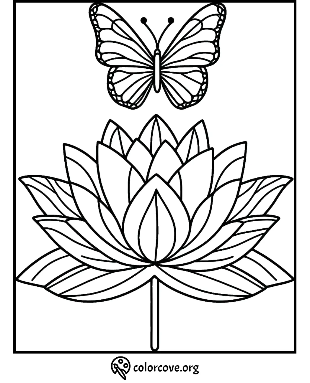 Butterfly and lotus flower coloring page, printable art for relaxation and creativity.