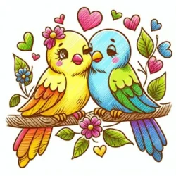 Coloring page of two colorful lovebirds on a branch surrounded by flowers and hearts, perfect for kids' art activities.