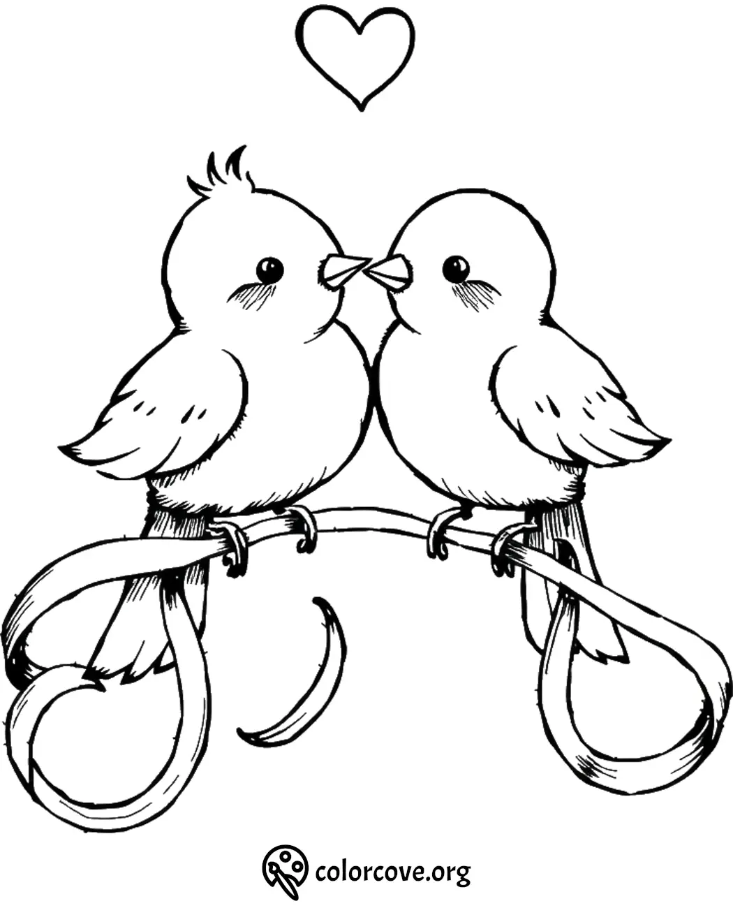 Two lovebirds sitting on a branch with a heart above, coloring page outline.