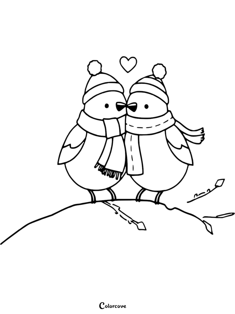 Deux mignons inséparables portant des bonnets et des écharpes d'hiver s'embrassant sur une branche, présentés dans un coloriage à imprimer.