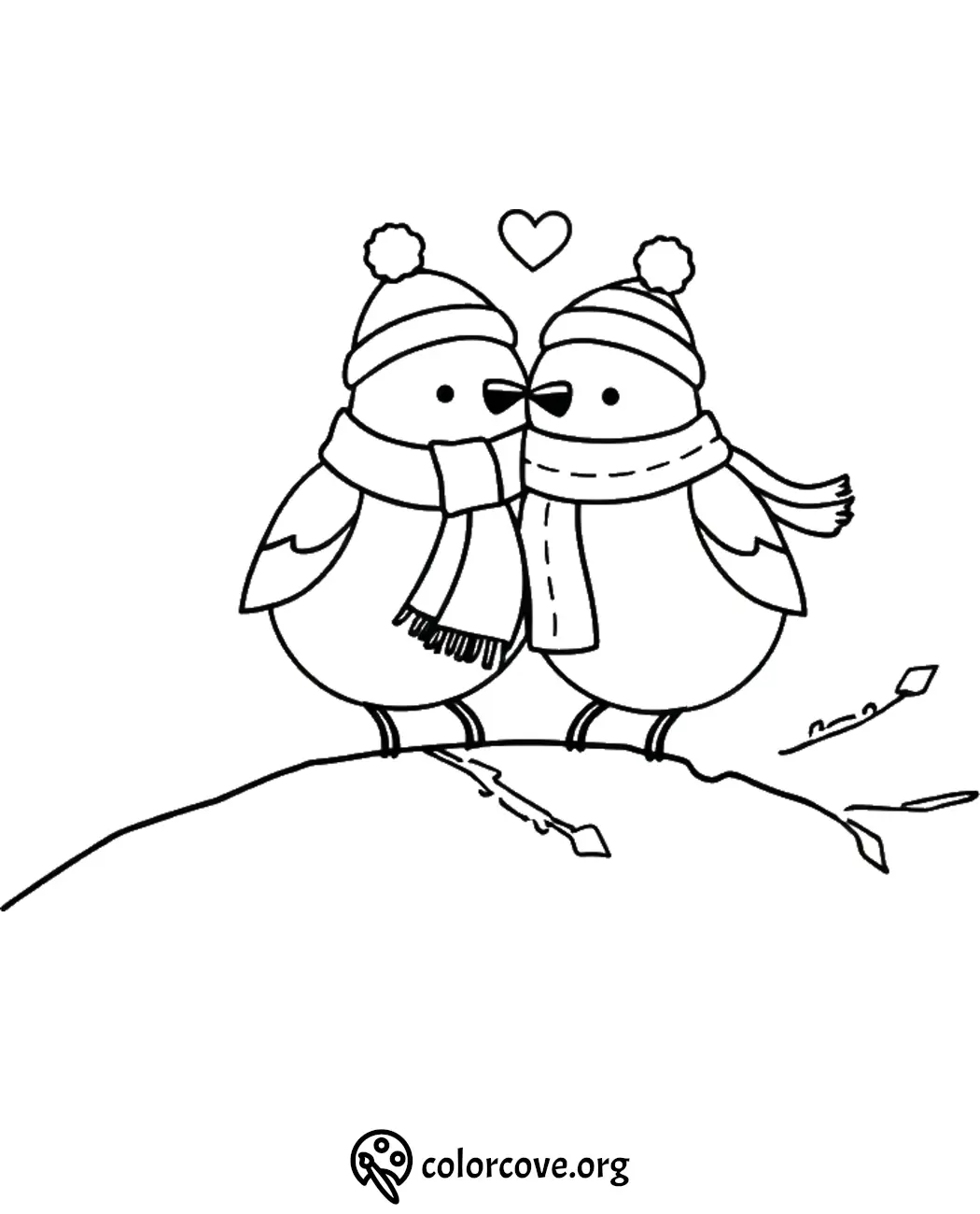 Two cute winter birds in scarves and hats, with a heart above, coloring page from colorcove.org.