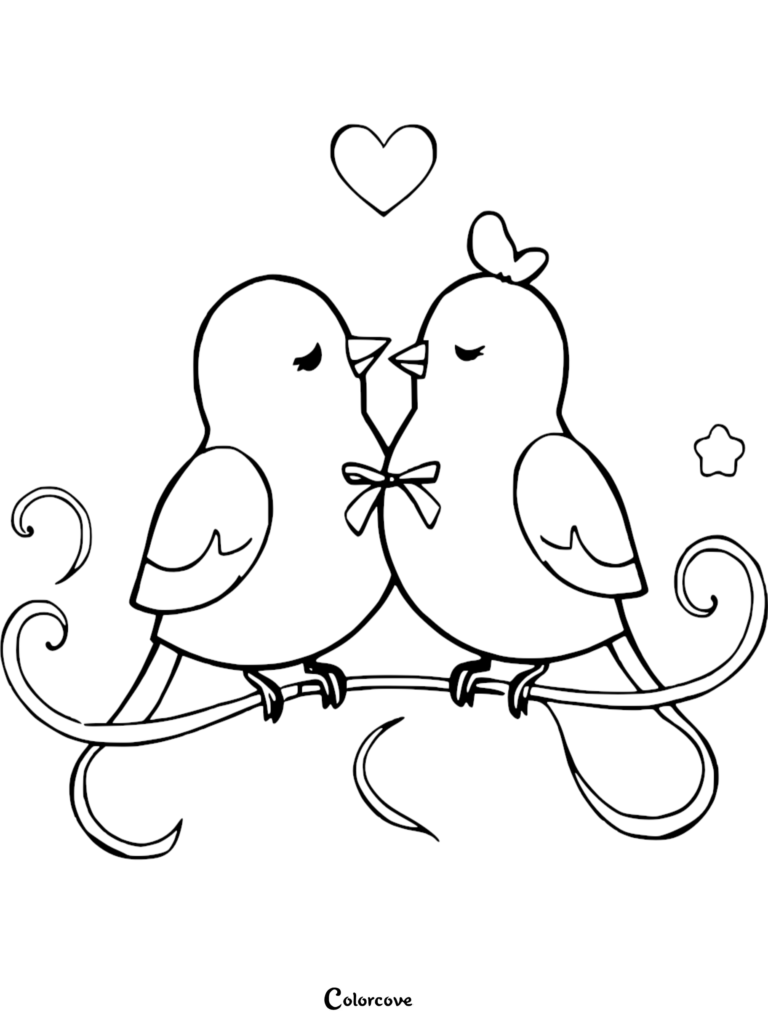 Coloriage de deux inséparables avec un nœud et une icône de cœur sur une branche