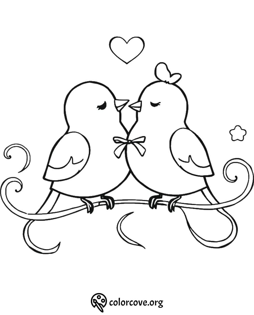 Two lovebirds on a branch with hearts and bows, printable coloring page for kids.