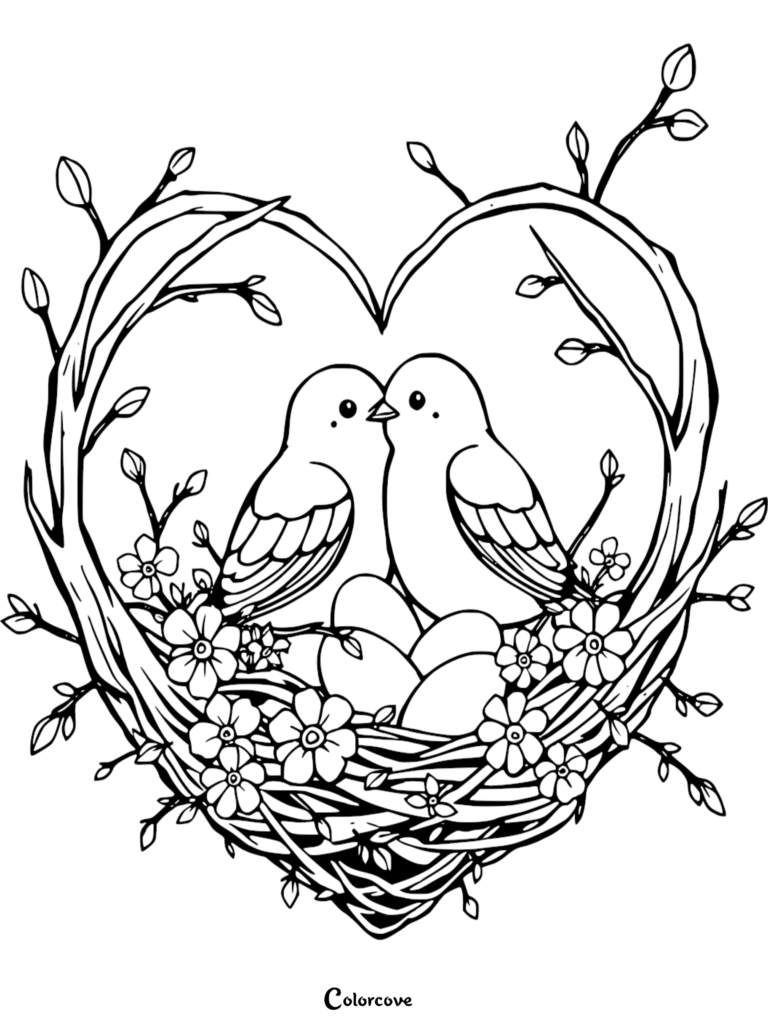 Deux inséparables assis dans un nid en forme de cœur avec des œufs, coloriage à imprimer.