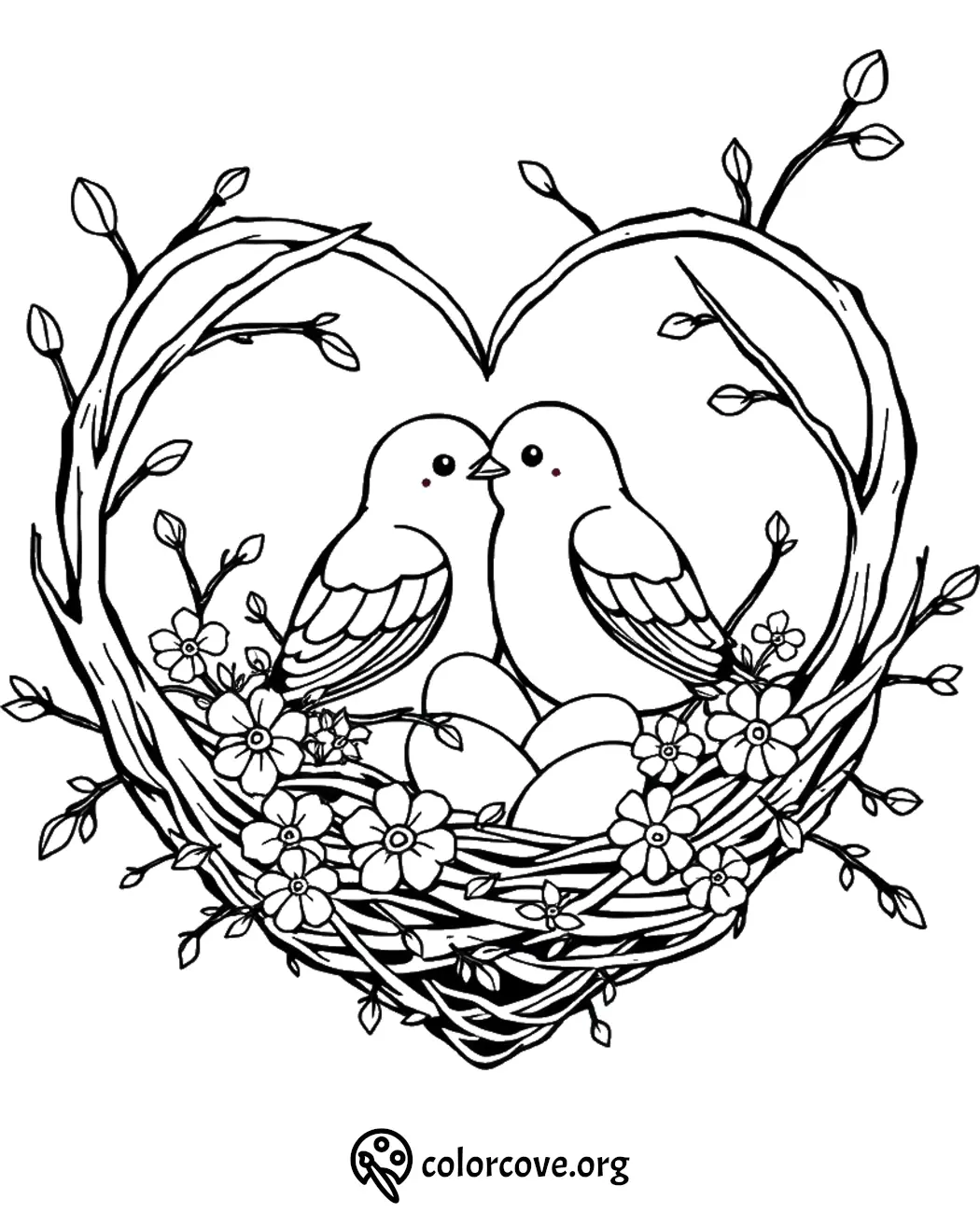 Lovebirds in a heart-shaped nest coloring page, perfect for nature-themed relaxation and creativity.