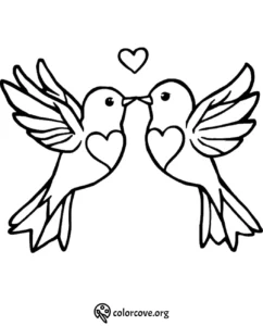 Two birds with hearts on their chests, touching beaks under a heart; a romantic coloring page design.