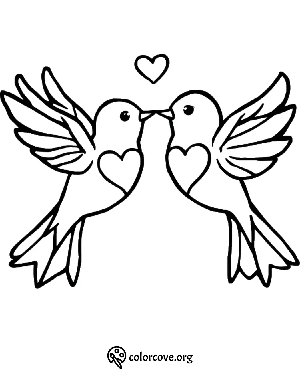 Two birds with hearts on their chests, touching beaks under a heart; a romantic coloring page design.