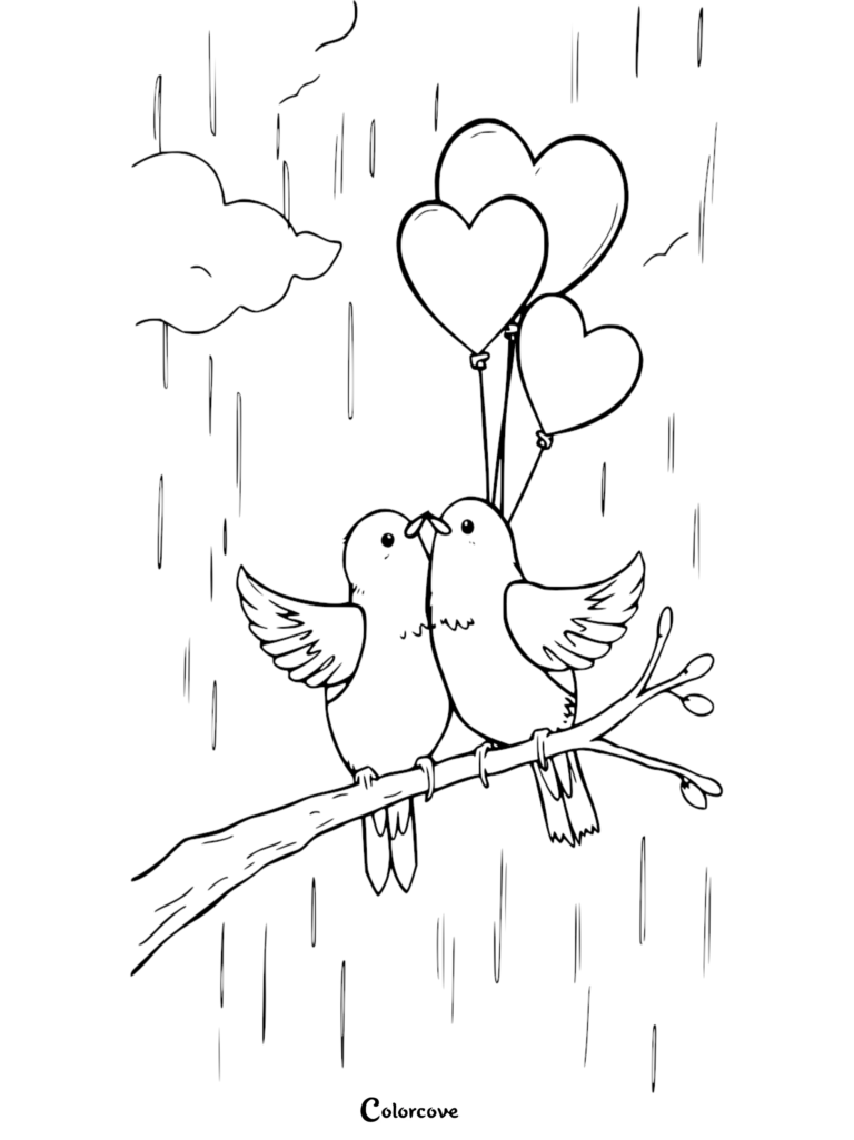Deux inséparables perchés sur une branche tenant des ballons en forme de cœur dans ce coloriage sous la pluie
