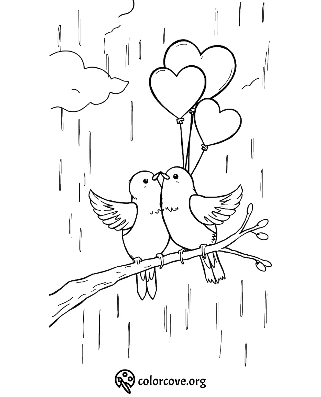 Two birds on a branch with heart balloons in the rain, coloring page.