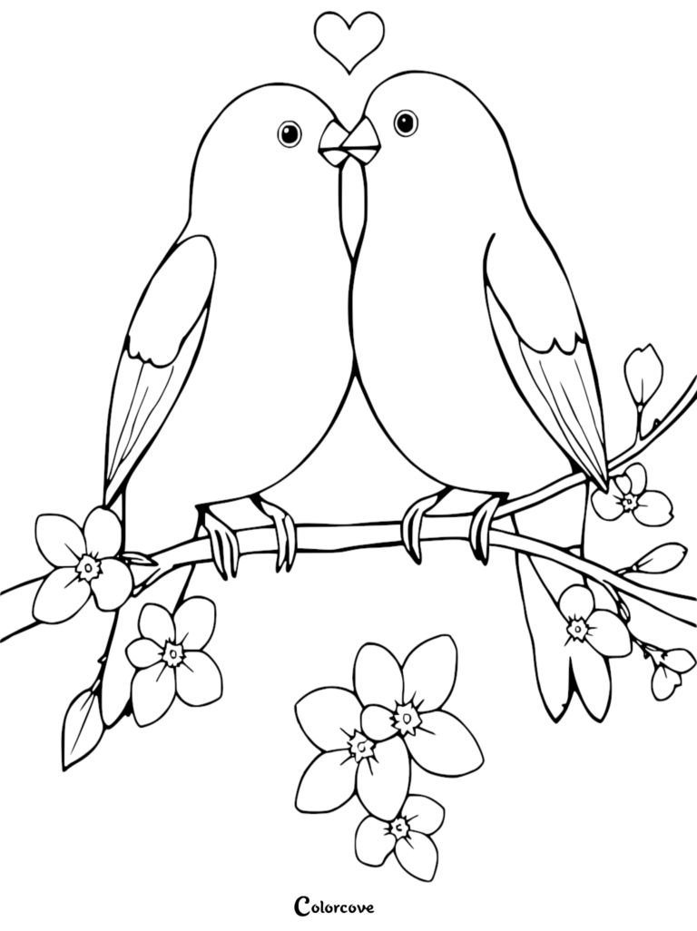 Deux inséparables qui s'embrassent sur une branche fleuri avec un cœur au-dessus d'eux dans ce coloriage à imprimer.