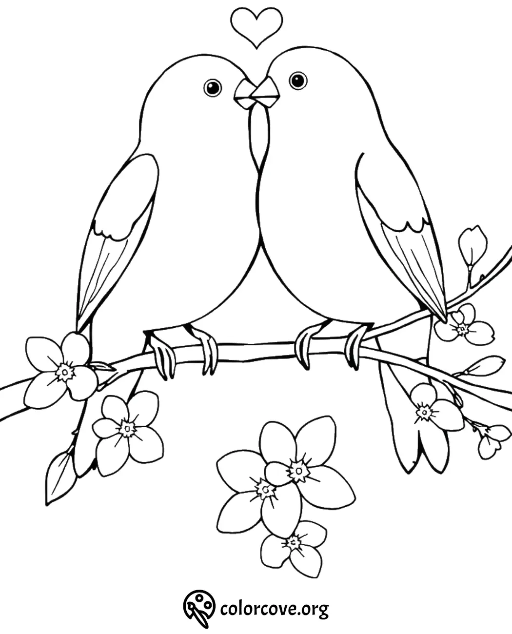 Cute lovebirds coloring page with perched birds and flowers, perfect for kids and adults to enjoy creative relaxation.