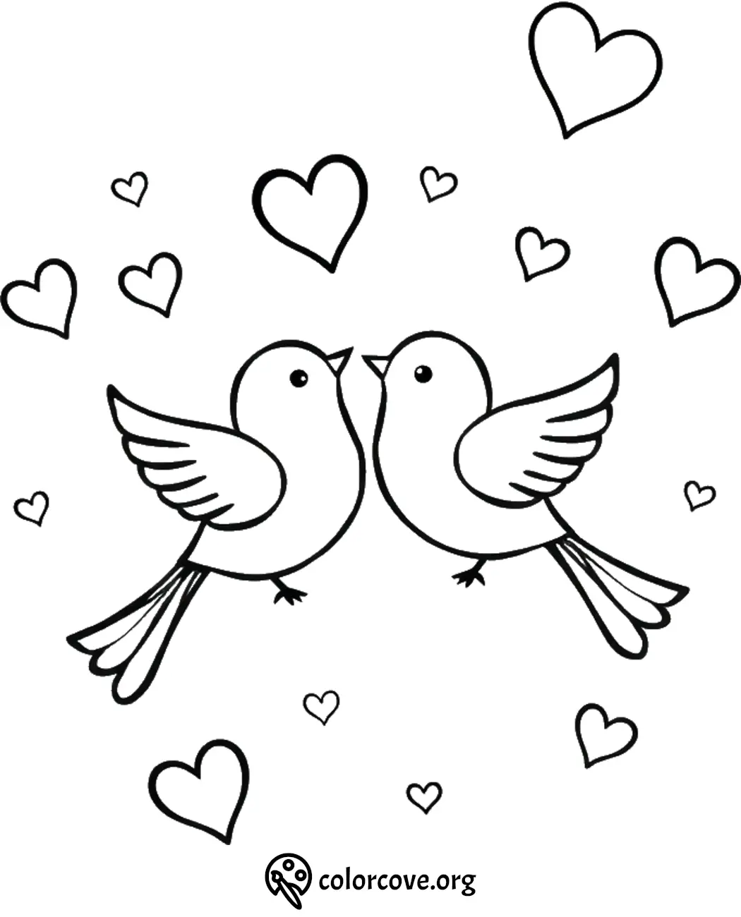 Two lovebirds surrounded by hearts, coloring page for kids and adults, printable and fun creativity activity.