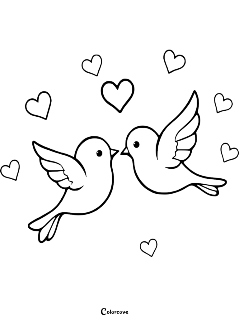 Deux inséparables mignons volant ensemble entourés de cœurs flottants dans ce coloriage à imprimer.