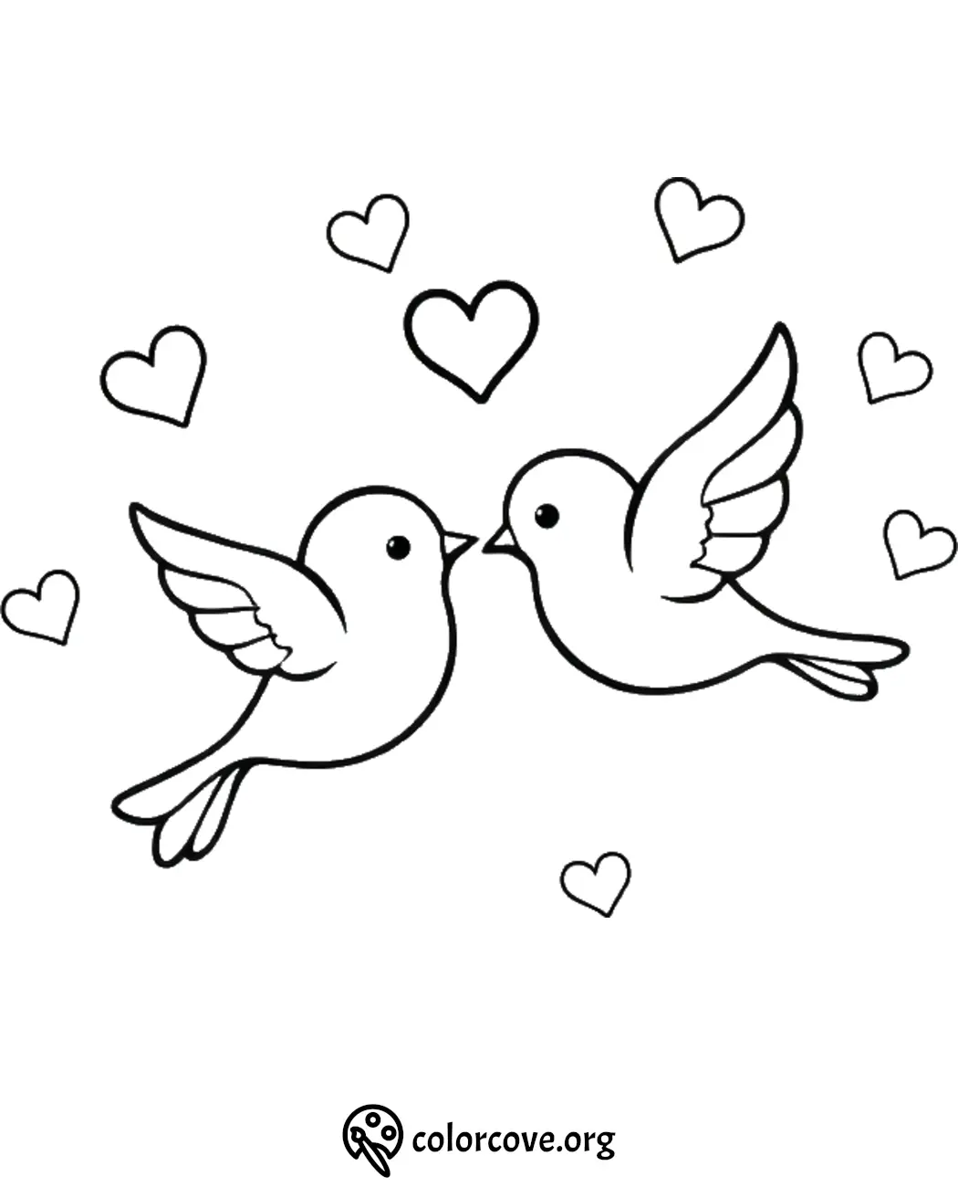 Two lovebirds in flight surrounded by hearts, coloring page design.