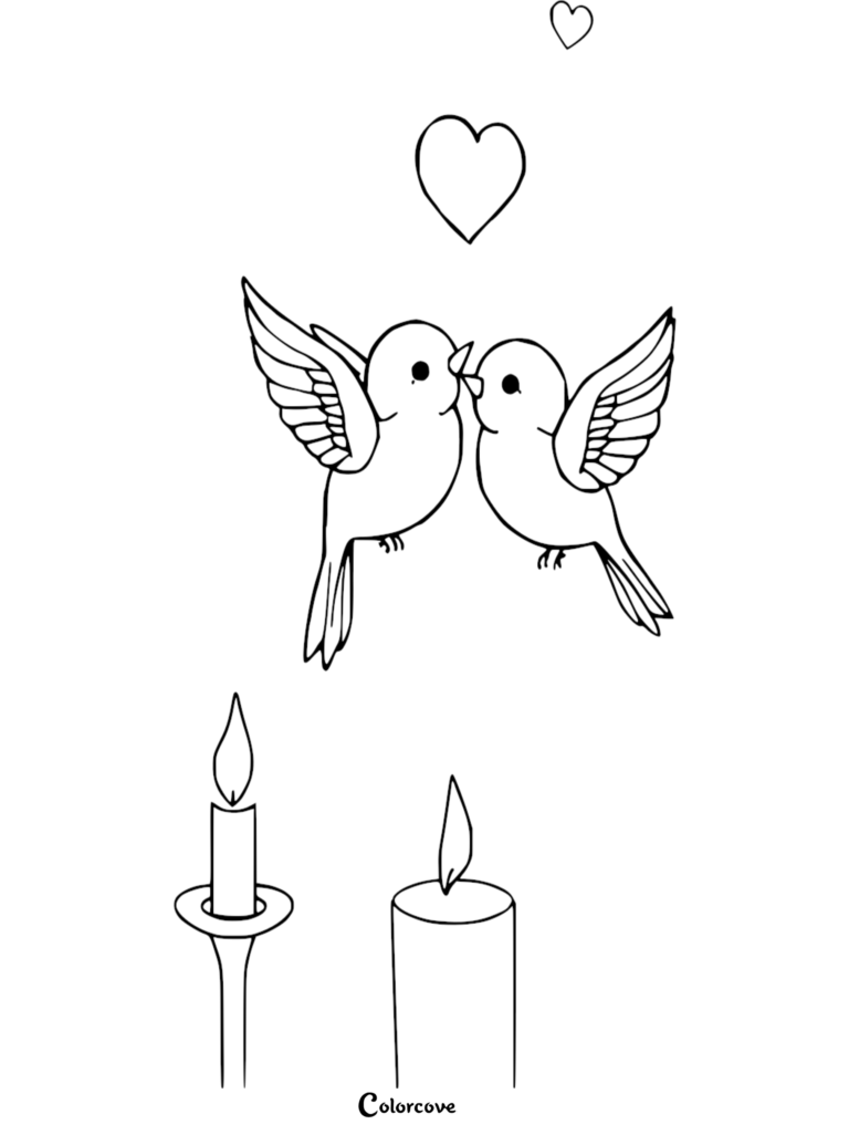 Deux inséparables survolant deux bougies allumées avec des cœurs flottants dans ce coloriage à imprimer.