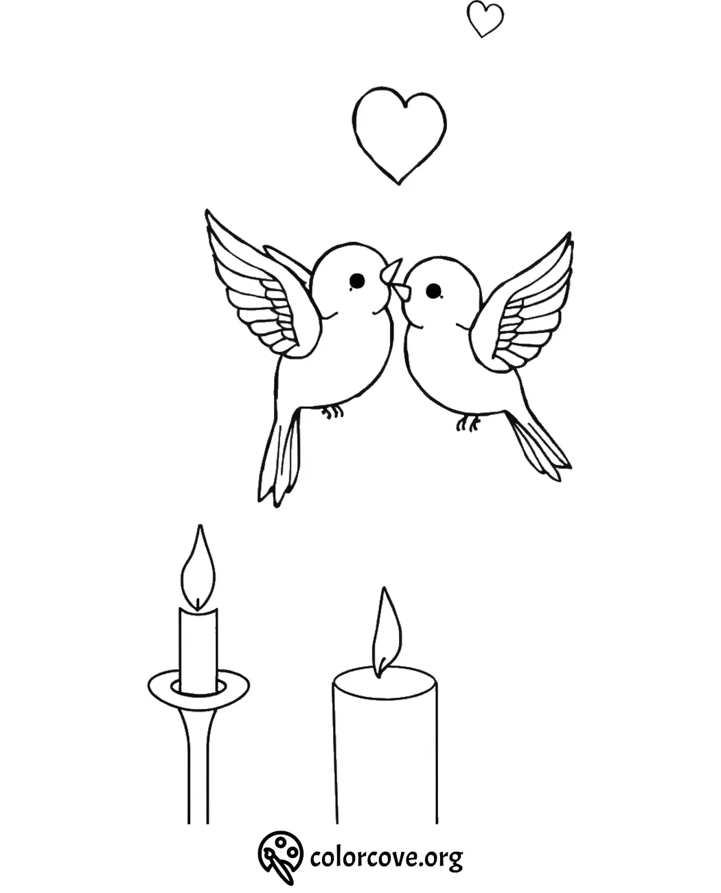 Cute birds with hearts and candles coloring page for kids. Simple and fun design for creative coloring activities.