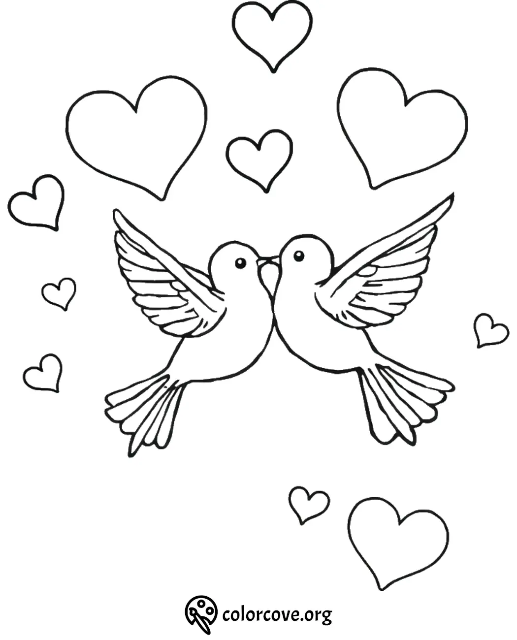 Kissing birds with hearts coloring page, perfect for kids and adults to celebrate love and creativity.