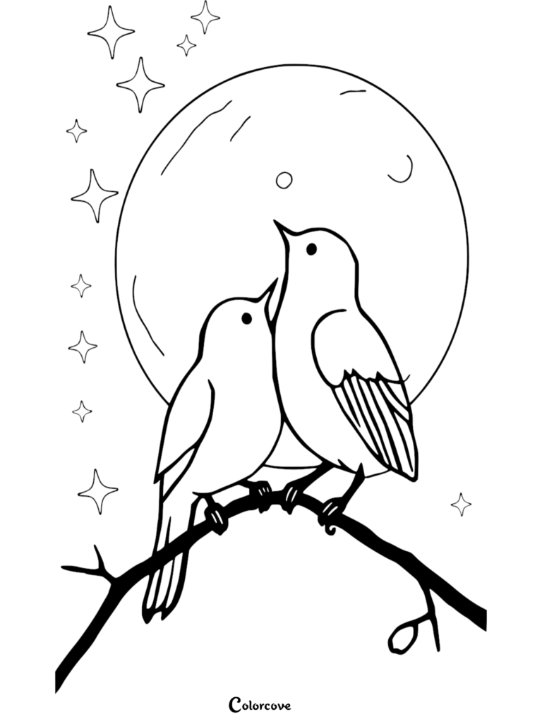 Deux inséparables perchés sur une branche sous une grande pleine lune et des étoiles dans ce coloriage à imprimer.