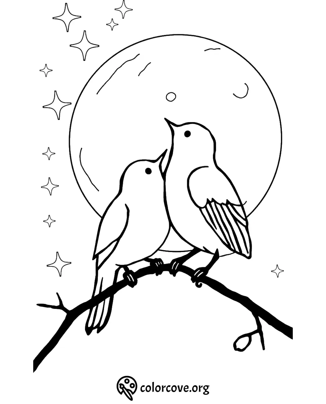 Two birds on a branch under a full moon and stars, designed for a tranquil coloring page by colorcove.org.