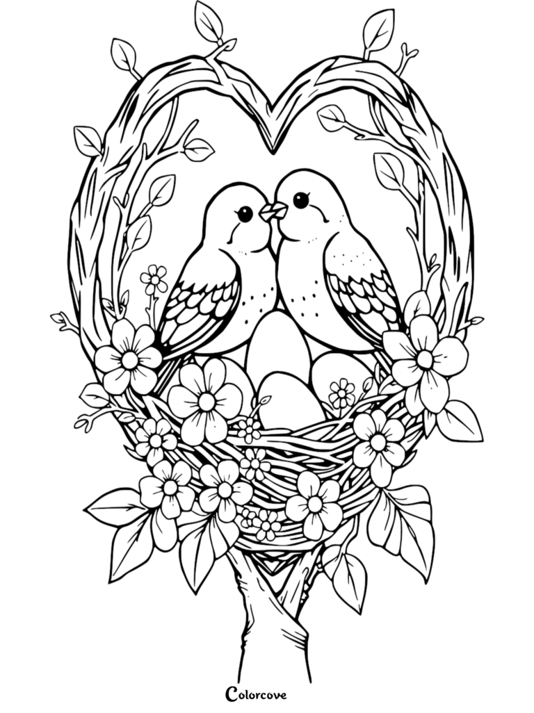 Deux inséparables assis dans un nid en forme de cœur avec des œufs et des fleurs dans ce coloriage à imprimer.