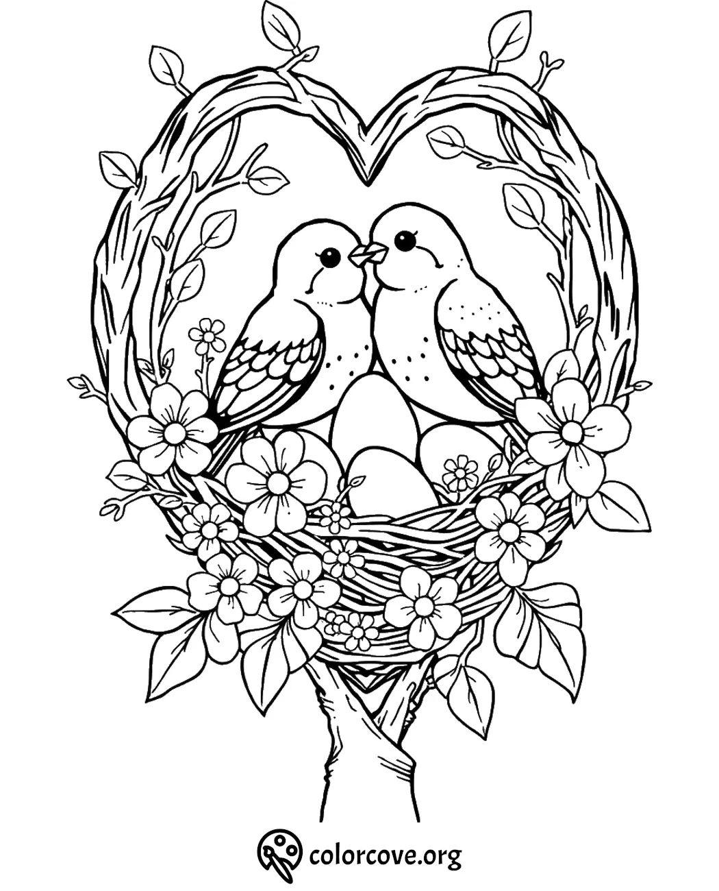 Birds in a heart-shaped nest with flowers and eggs, coloring page design.