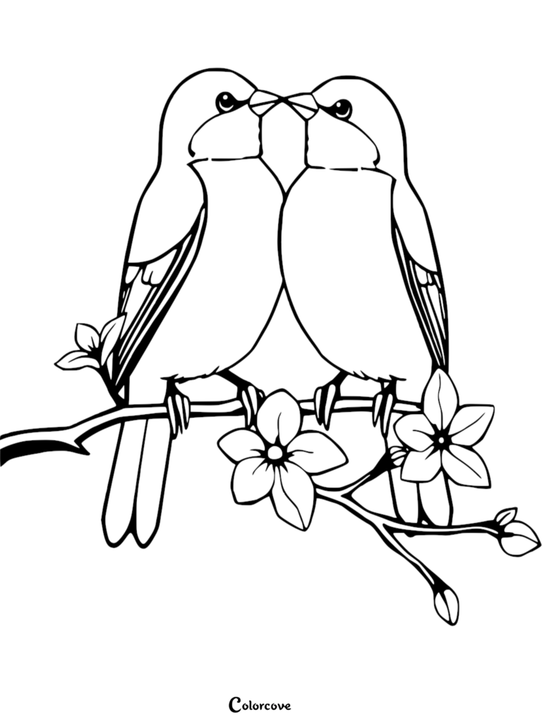 Deux inséparables perchés ensemble sur une branche fleuri dans ce coloriage à imprimer.