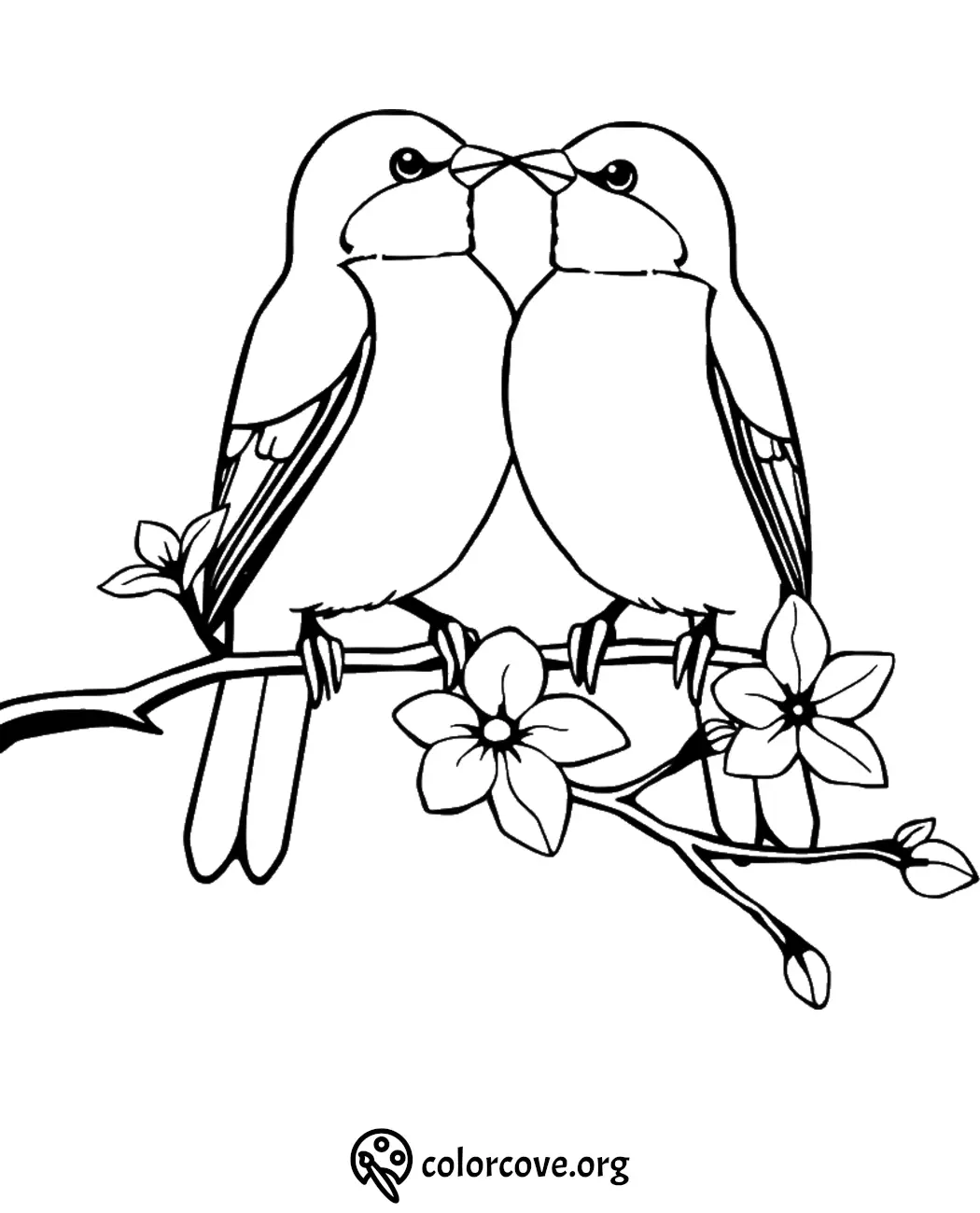 Two birds perched on a branch with flowers, coloring page illustration.