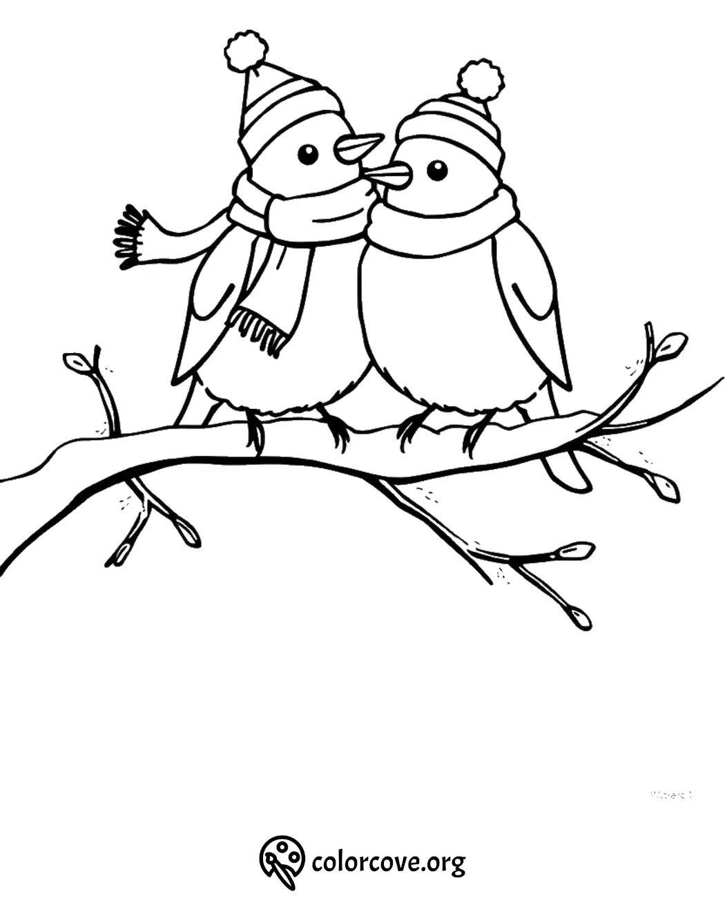 Two winter birds wearing hats and scarves on a branch, coloring page. Perfect for kids and holiday fun!