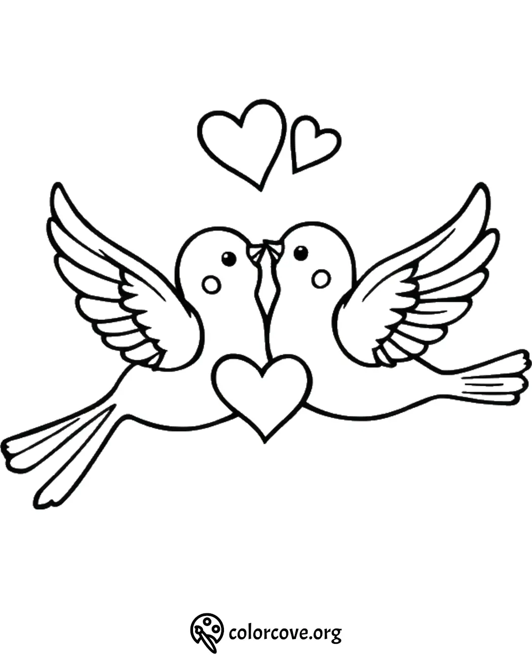 Two lovebirds with hearts, coloring page for Valentine's Day fun. Perfect for kids and adults to color and enjoy.