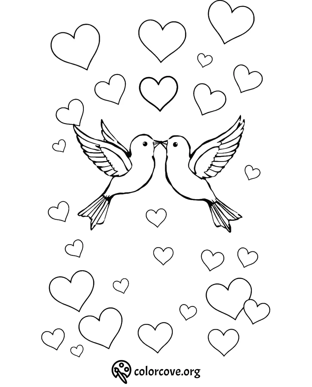 Two birds kissing surrounded by hearts, coloring page for love and romance. Perfect for Valentine's Day creativity.