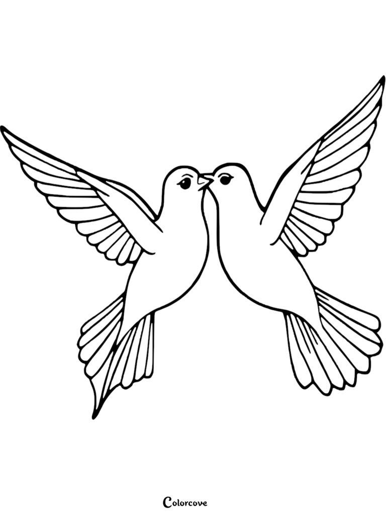 Deux inséparables volant ensemble et se touchant le bec dans ce coloriage à imprimer.
