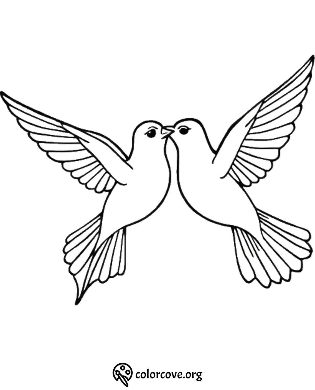 Two doves kissing coloring page, perfect for romantic or peace-themed artistic projects.