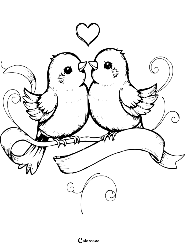 Deux inséparables mignons perchés sur une branche avec un cœur au-dessus d'eux dans ce coloriage à imprimer.
