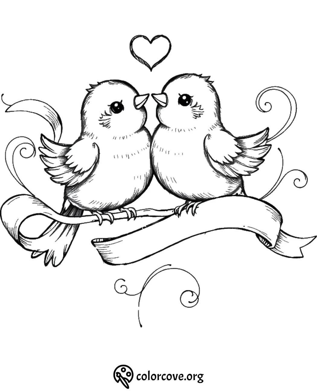 Birds in love coloring page with heart, perfect for Valentine's Day crafts and kids' activities.