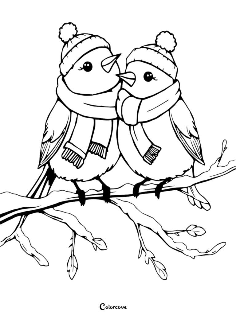 Deux mignons inséparables portant des bonnets et des écharpes d'hiver perchés sur une branche enneigée dans ce coloriage à imprimer.