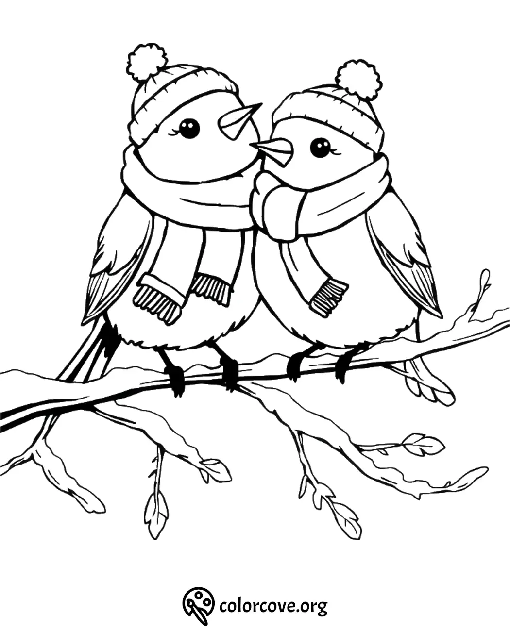 Two cute birds wearing winter hats and scarves resting on a branch; perfect coloring page for kids.