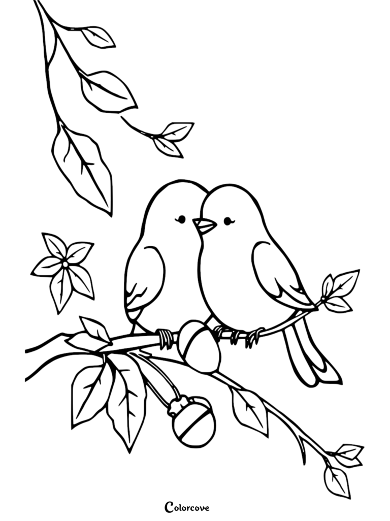 Deux inséparables mignons perchés ensemble sur une branche fleuri dans ce coloriage à imprimer.