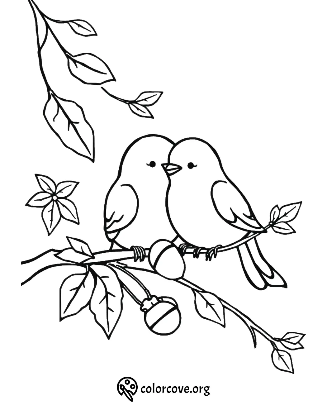 Two lovebirds on a branch, surrounded by leaves and flowers. Coloring page for relaxation and creativity.