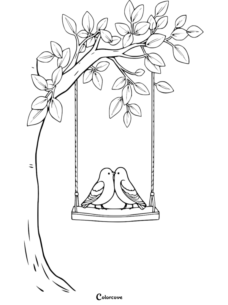Deux inséparables assis ensemble sur une balançoire suspendue dans un arbre dans ce coloriage à imprimer.