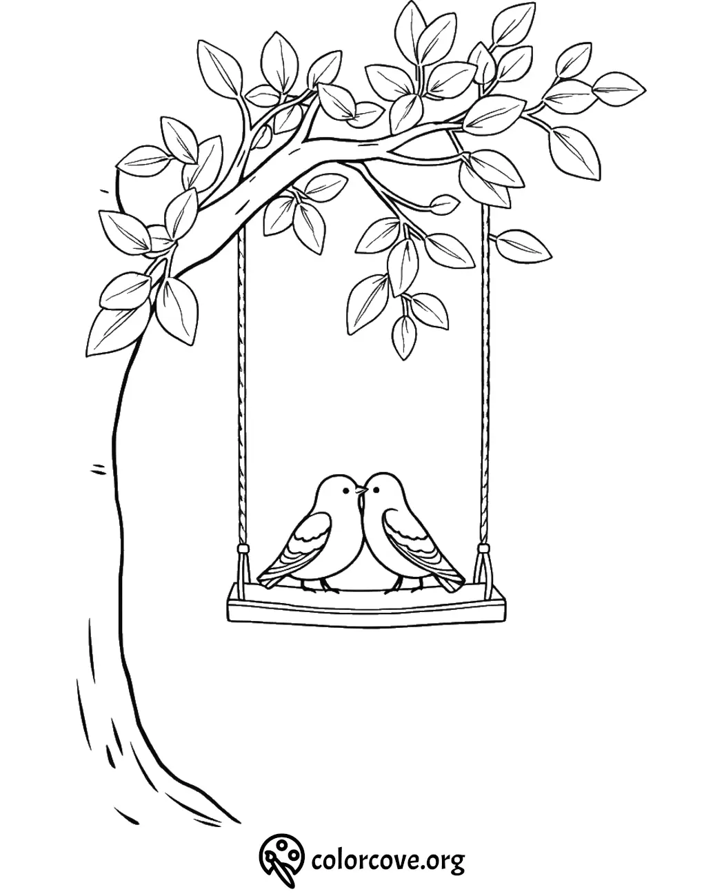 Two birds on a swing hanging from a leafy tree branch in a coloring page design.