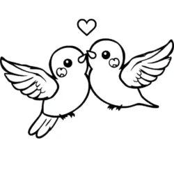 Two cute birds with hearts coloring page, perfect for kids and Valentine's Day creativity.